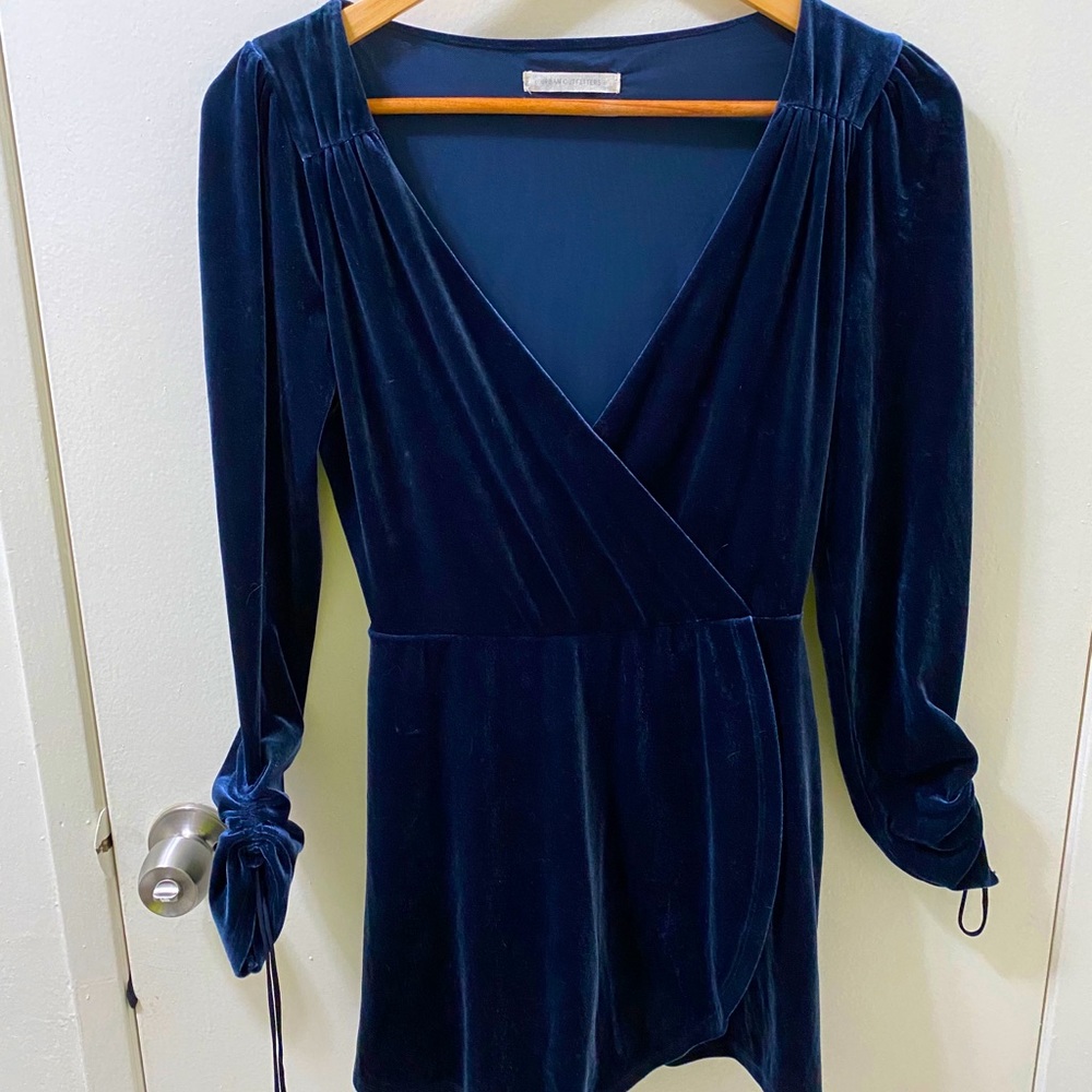 UO Goldmine Velvet Surplice Romper Navy